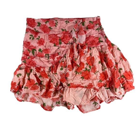 Maeve Pants - Maeve Anthropologie Floral Ruffle Mini Skort Pink Red Rose‎ Linen Blend Size 12